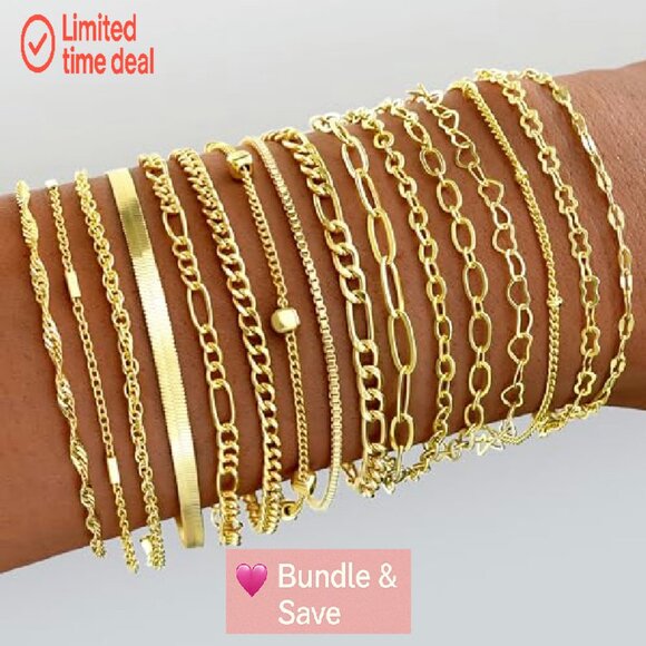 16-Piece Gold Bracelet Set, Stackable Cuban Link Chains, Hypoallergenic Alloy - Picture 3 of 8